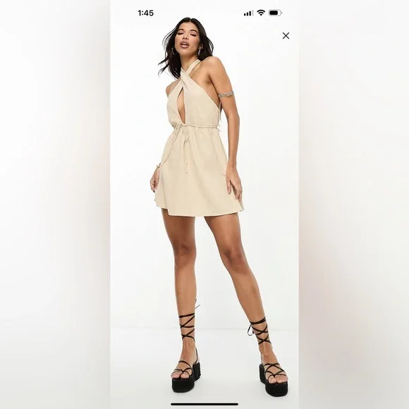 ASOS | Dresses | Asos Design Halter Neck Plunge Mini Beach Dress In Natural  | Poshmark